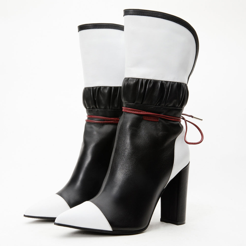 The Lucca Black White Leather Mid Calf High Heel Boot Limited Edition