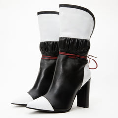 The Lucca Black White Leather Mid Calf High Heel Boot Limited Edition