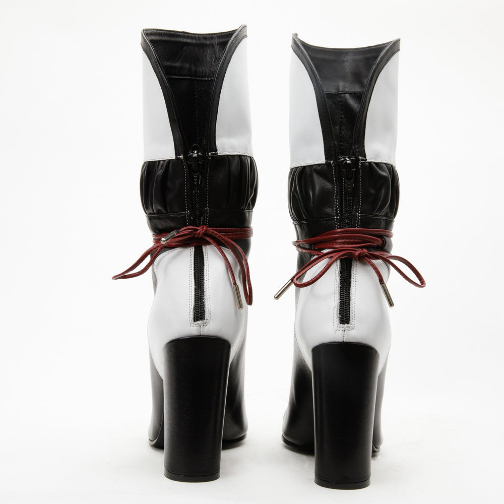 The Lucca Black White Leather Mid Calf High Heel Boot Limited Edition