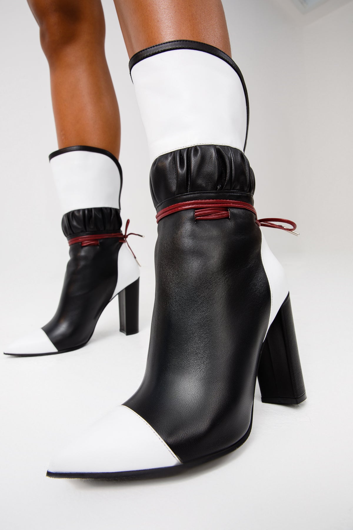 The Lucca Black White Leather Mid Calf High Heel Boot Limited Edition