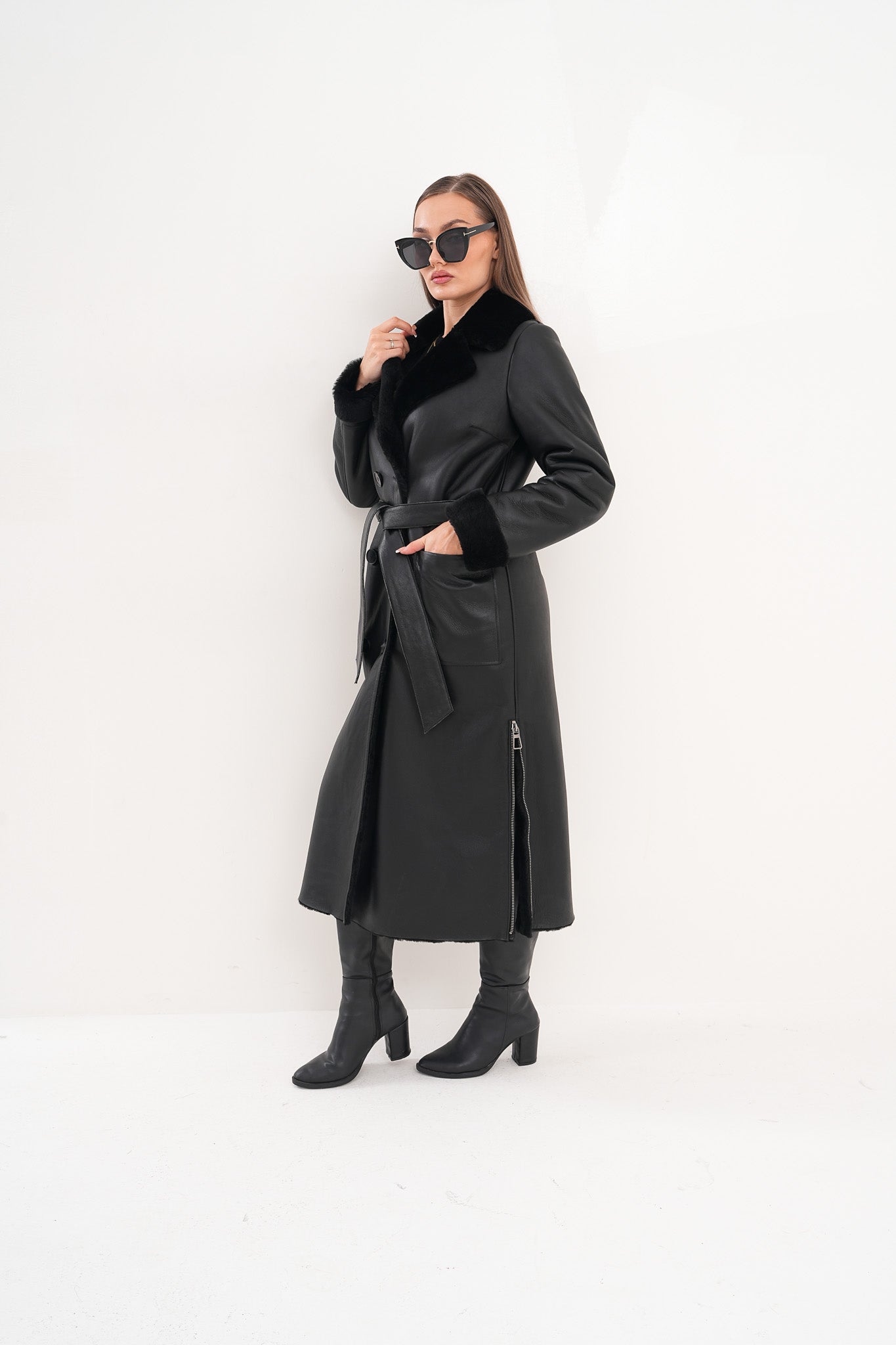 The Raven Long Shearling Black Leather Leather Jacket
