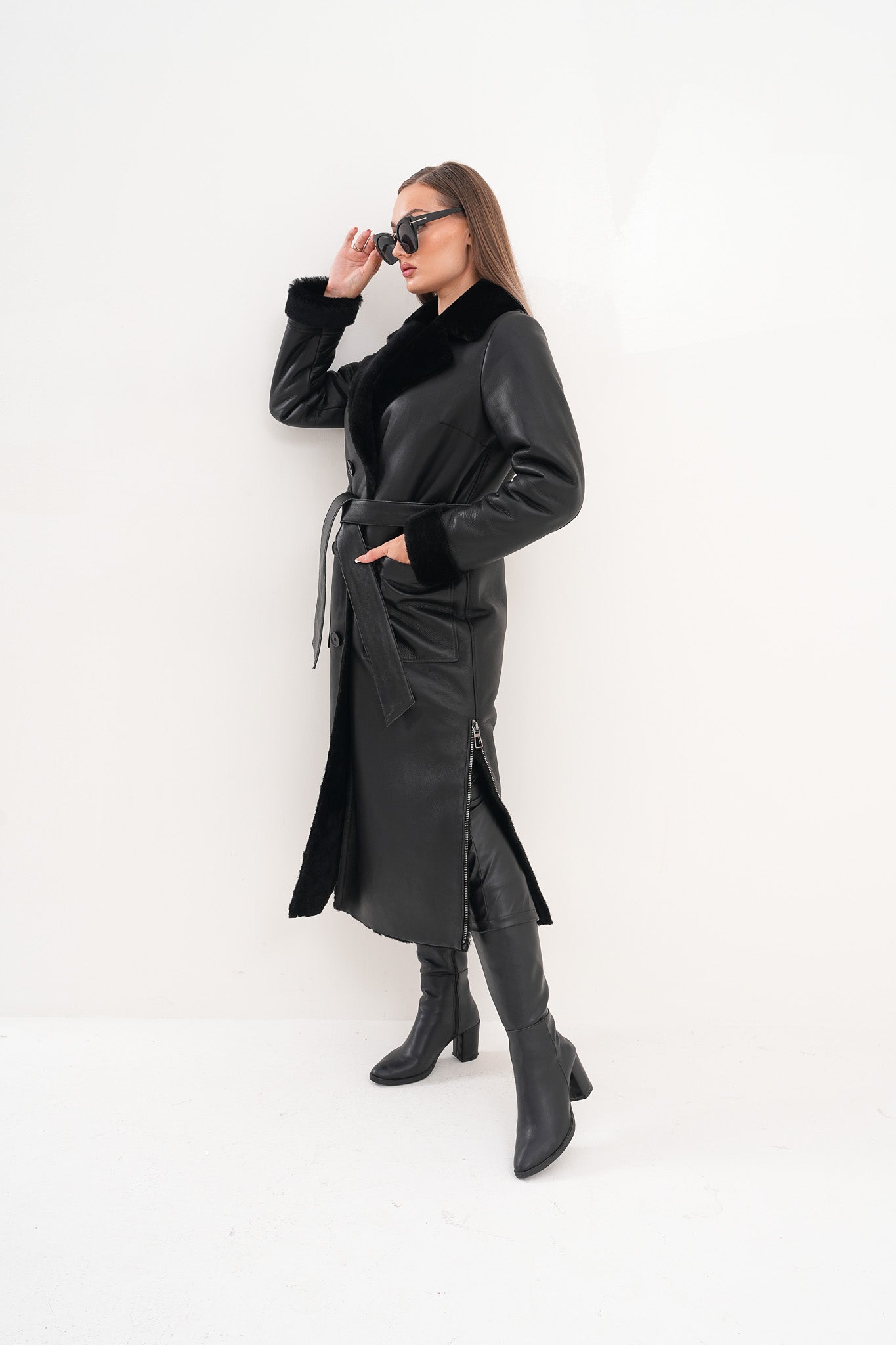 The Raven Long Shearling Black Leather Leather Jacket