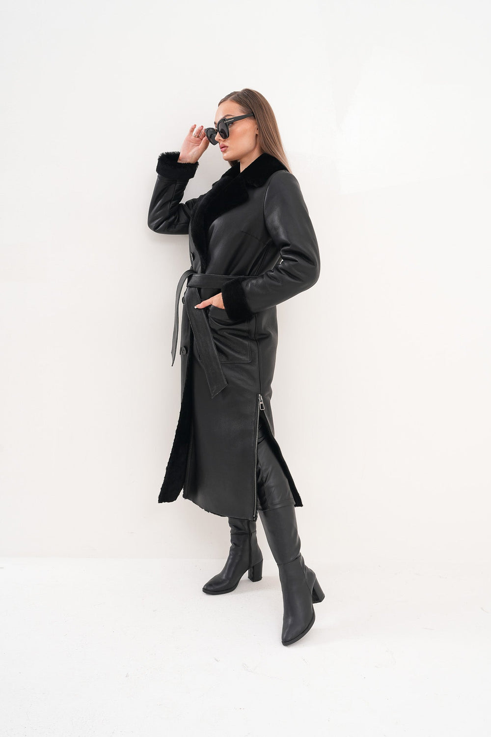 The Raven Long Shearling Black Leather Leather Jacket