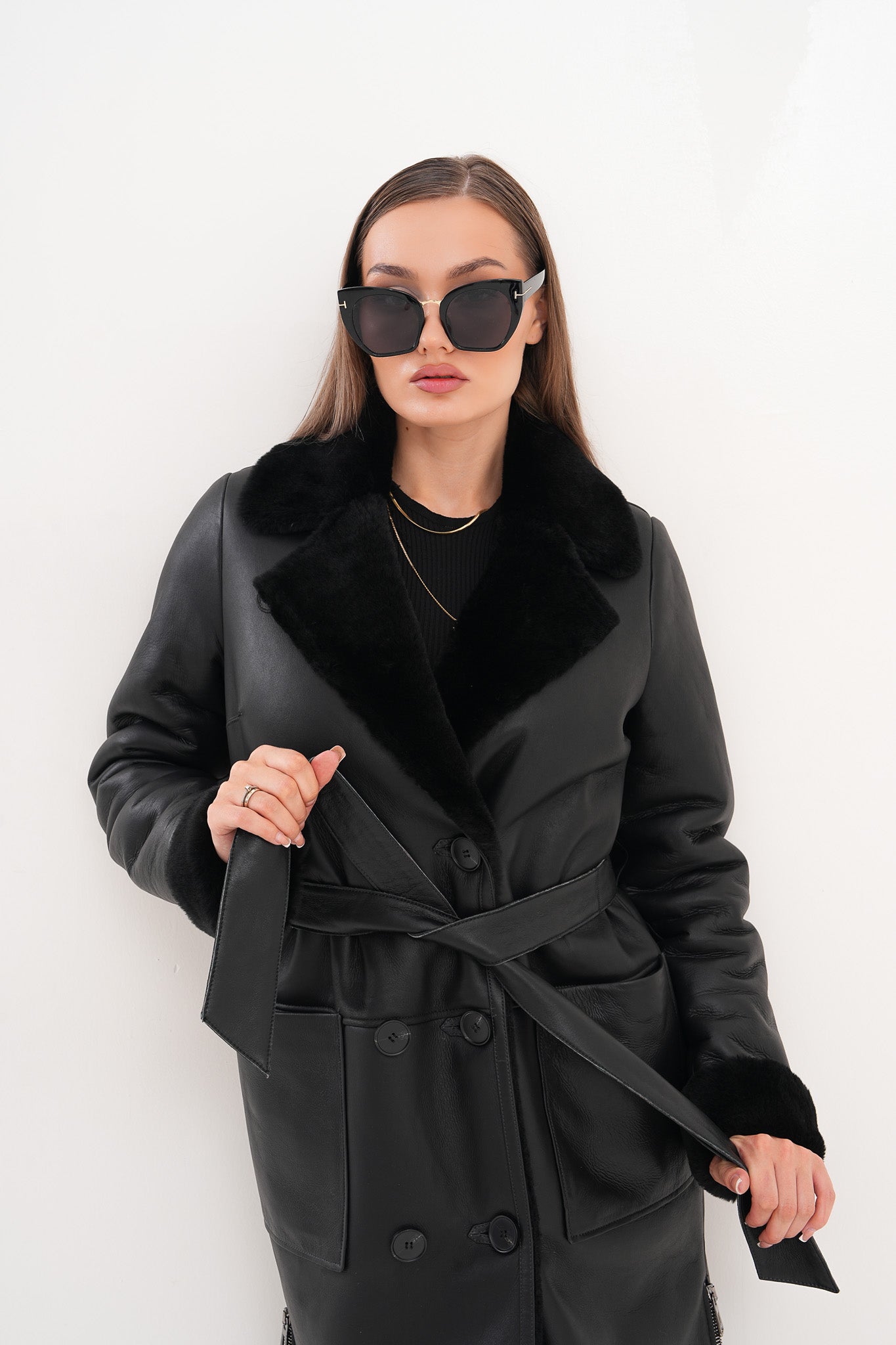 The Raven Long Shearling Black Leather Leather Jacket