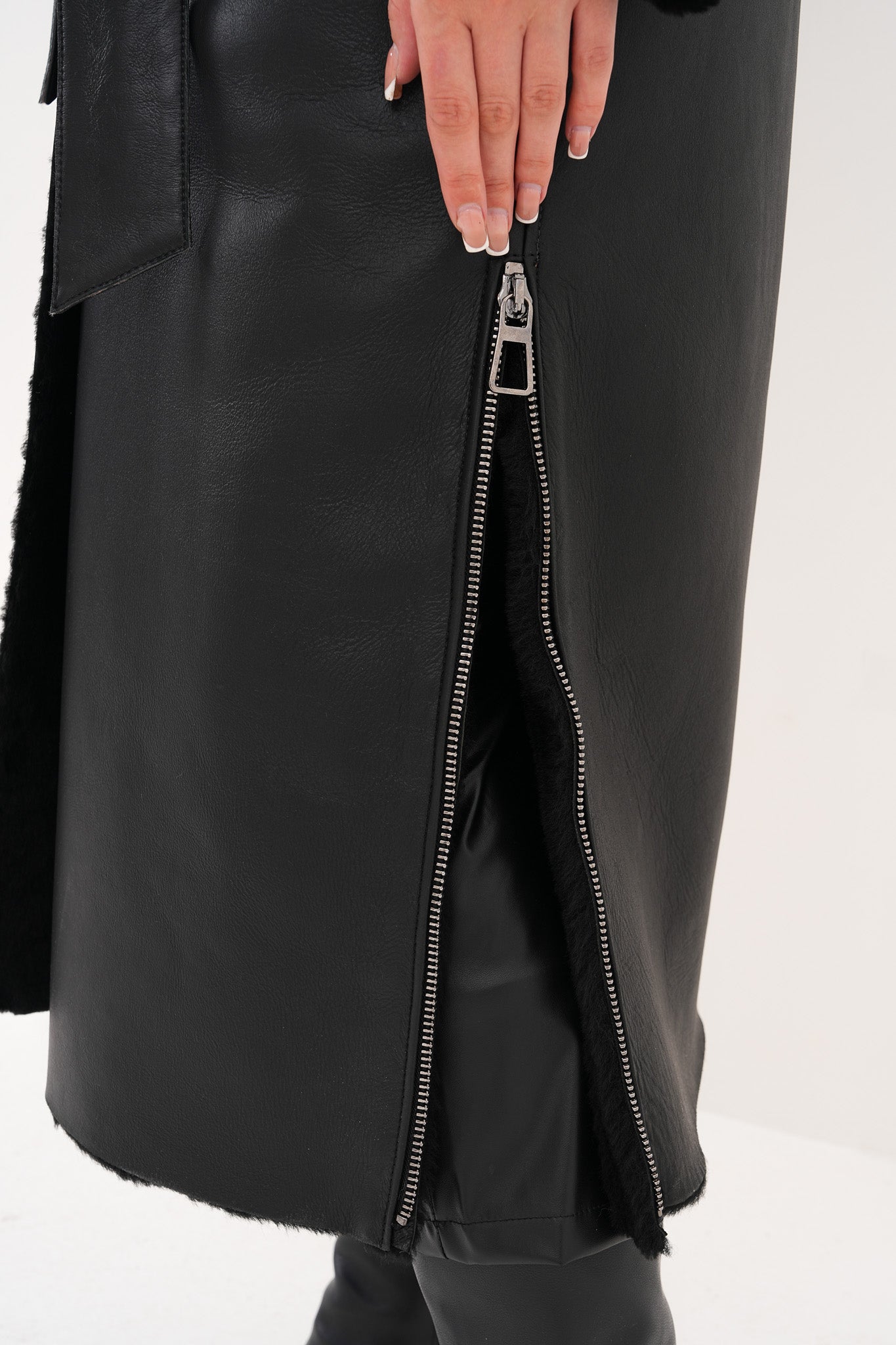 The Raven Long Shearling Black Leather Leather Jacket