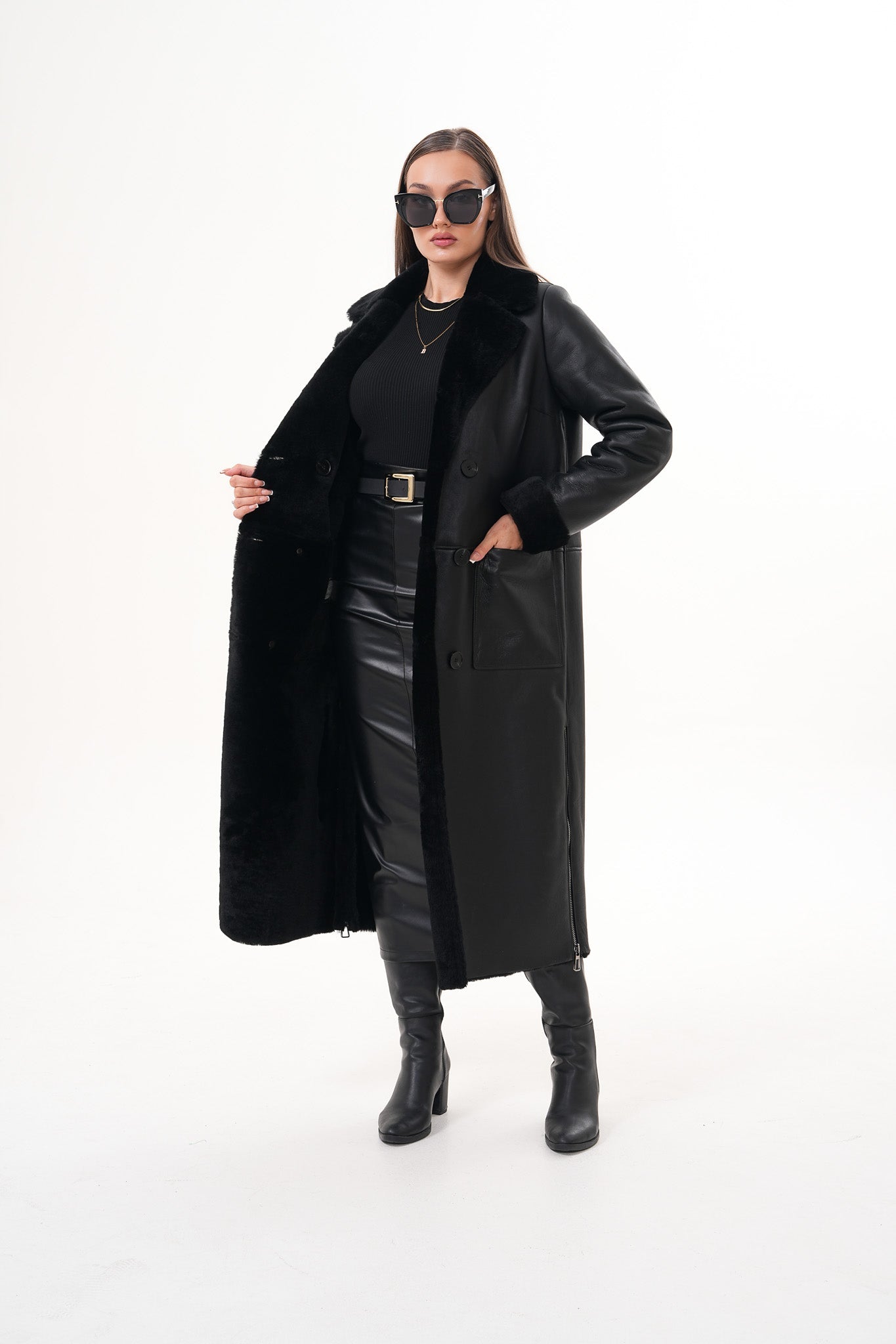 The Raven Long Shearling Black Leather Leather Jacket