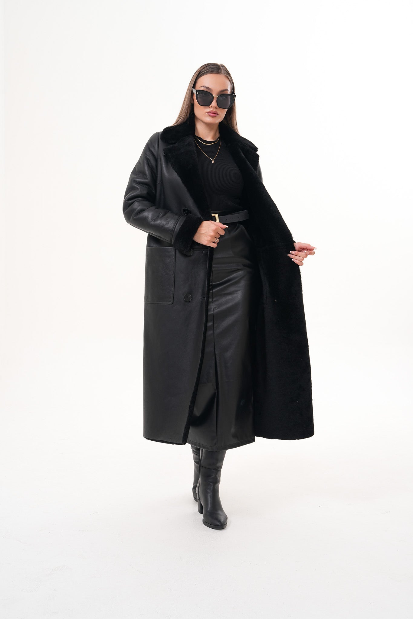 The Raven Long Shearling Black Leather Leather Jacket