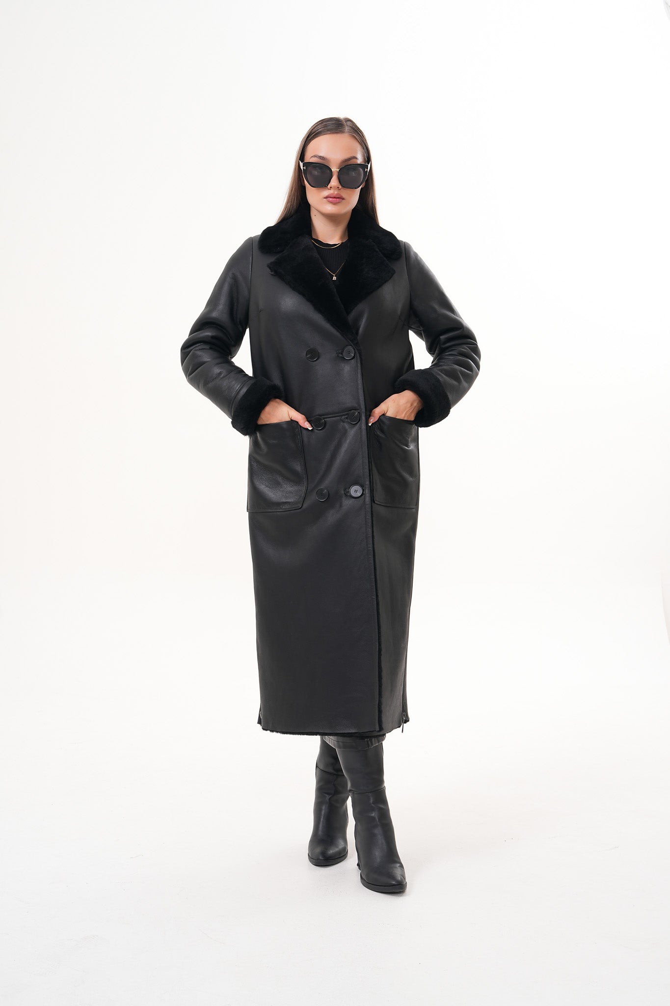 The Raven Long Shearling Black Leather Leather Jacket