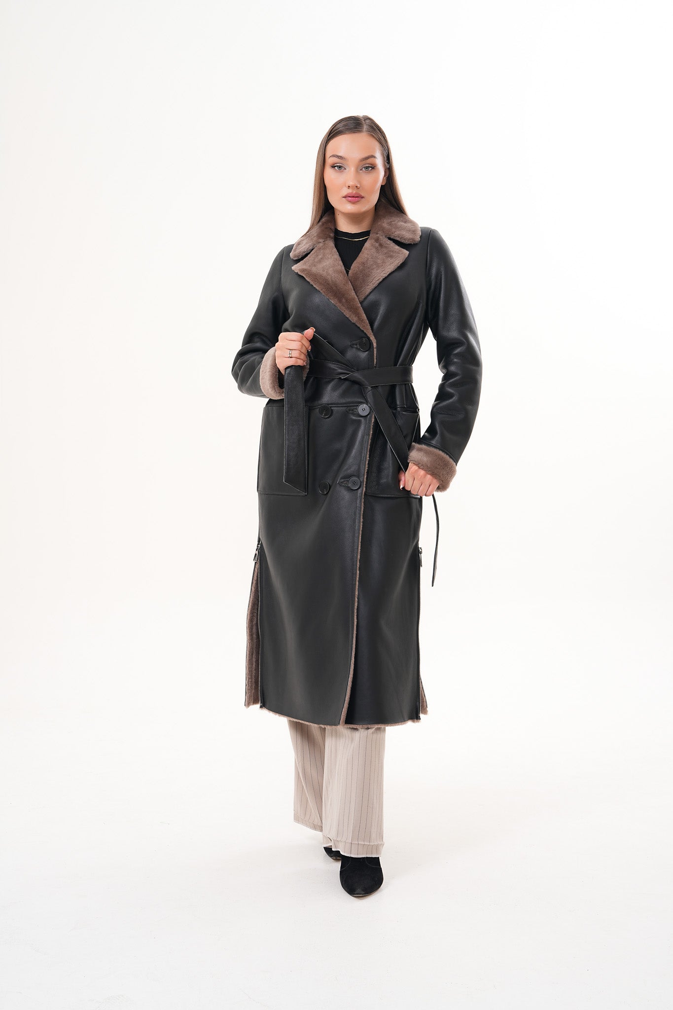 The Florence Long Shearling Black Leather Jacket