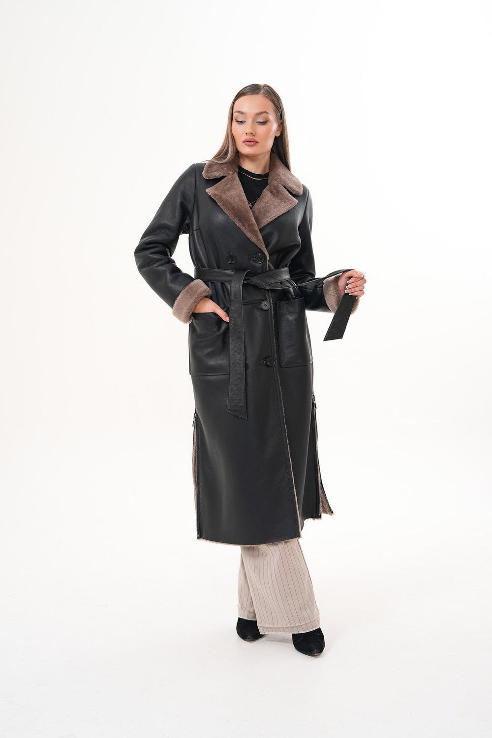The Florence Long Shearling Black Leather Jacket