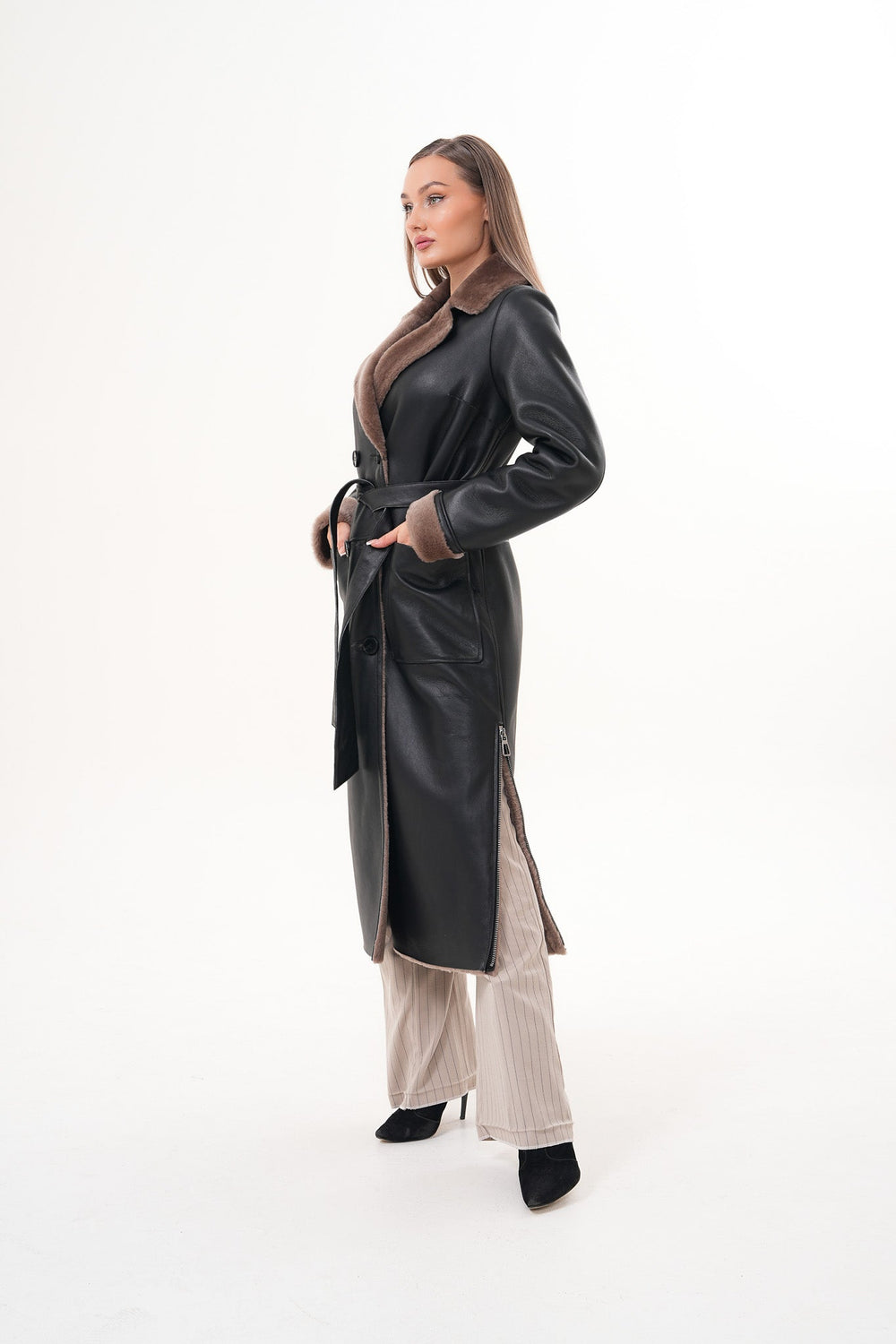 The Florence Long Shearling Black Leather Jacket