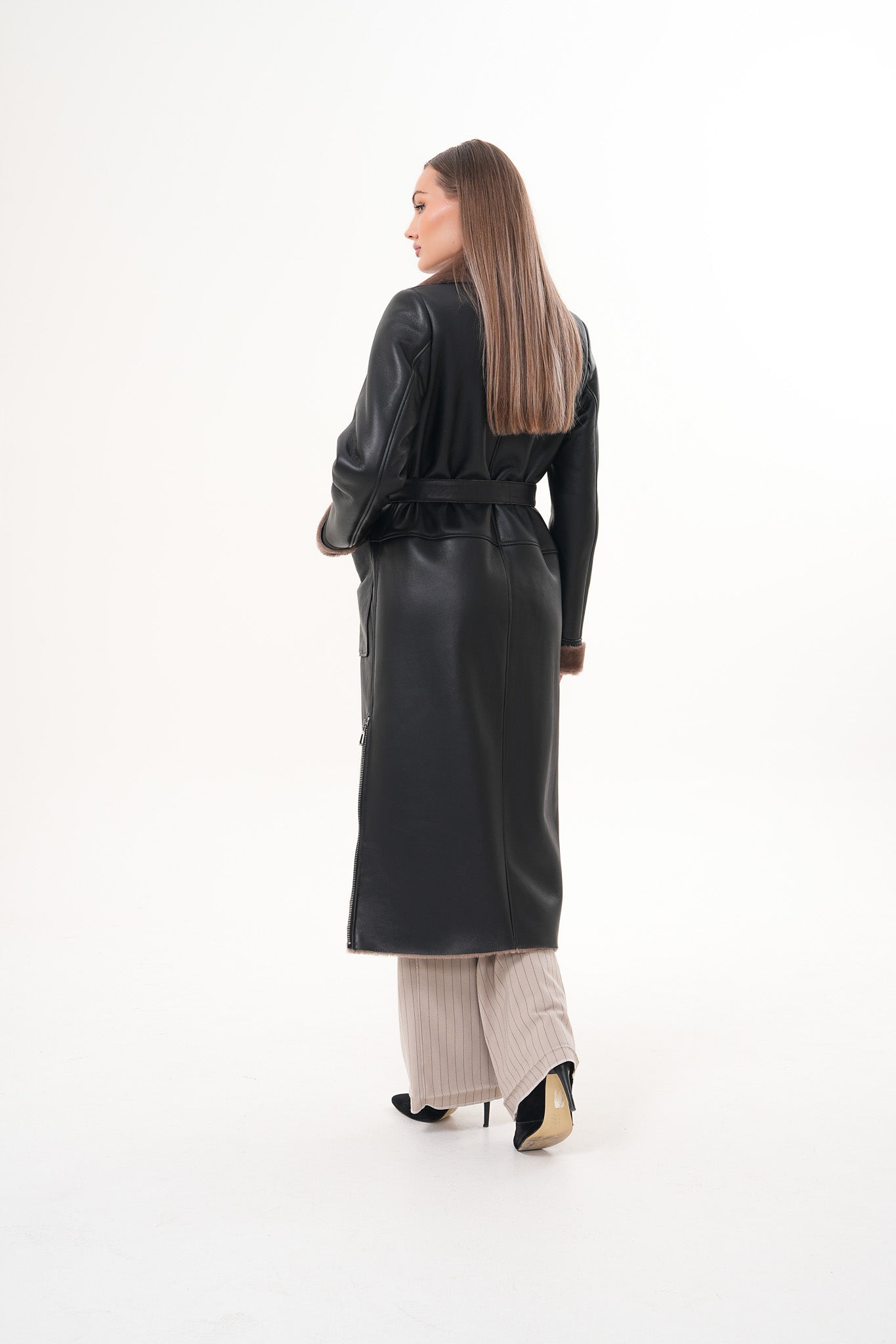 The Florence Long Shearling Black Leather Jacket