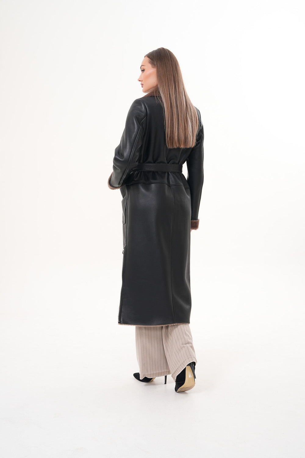 The Florence Long Shearling Black Leather Jacket
