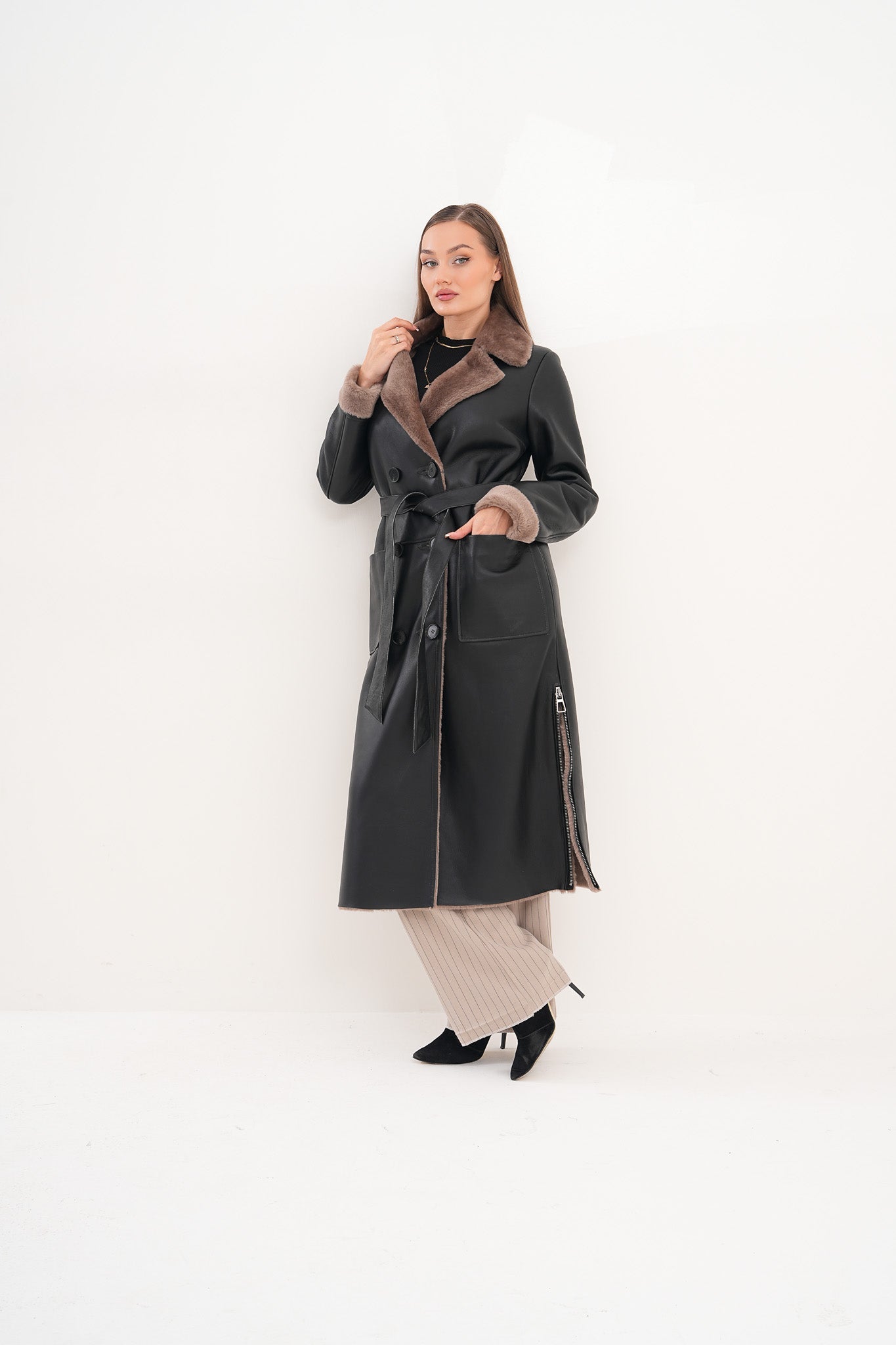 The Florence Long Shearling Black Leather Jacket
