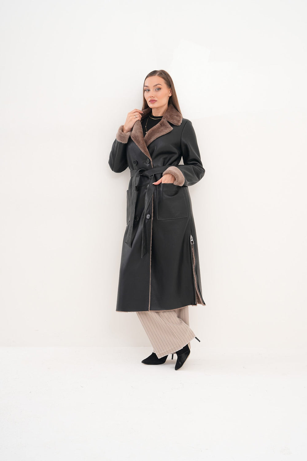 The Florence Long Shearling Black Leather Jacket