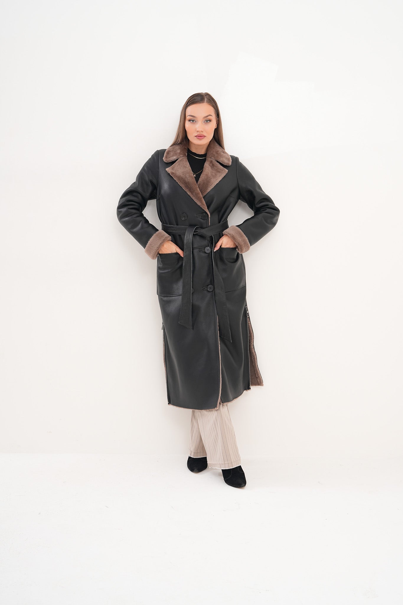 The Florence Long Shearling Black Leather Jacket