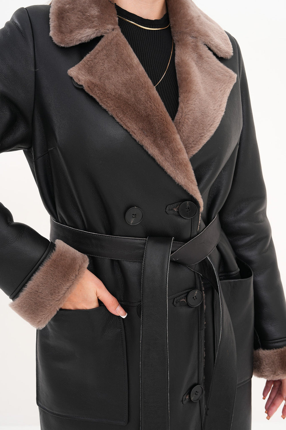 The Florence Long Shearling Black Leather Jacket