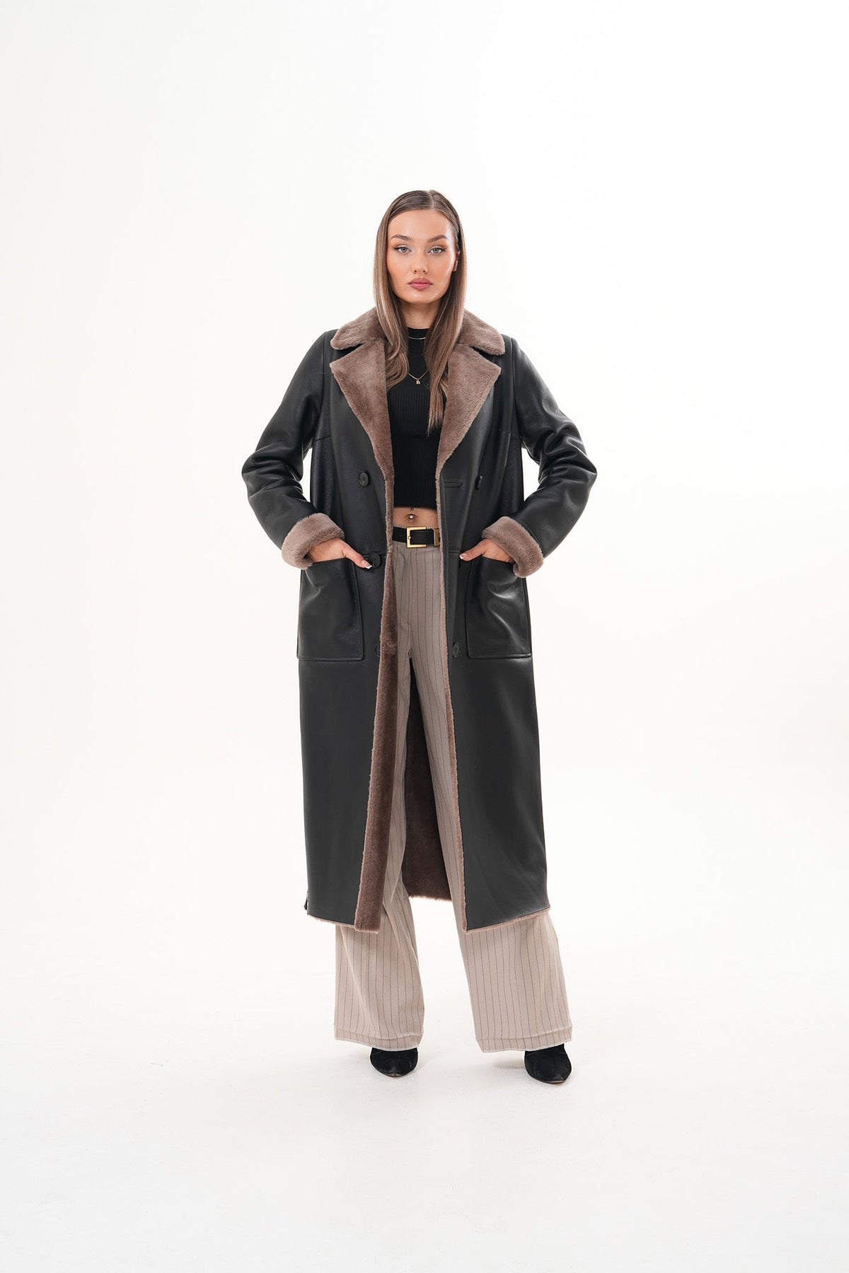 The Florence Long Shearling Black Leather Jacket