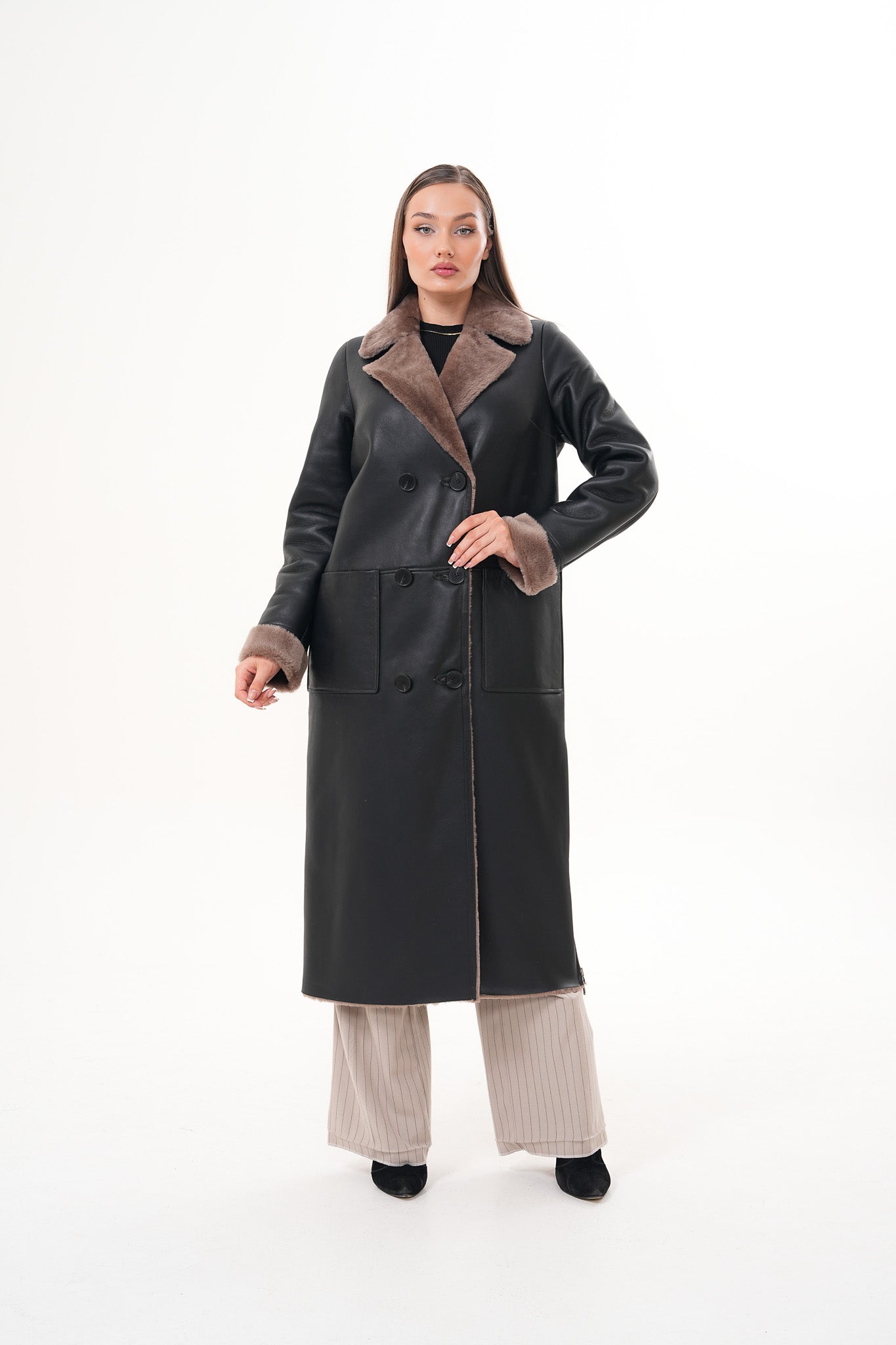 The Florence Long Shearling Black Leather Jacket