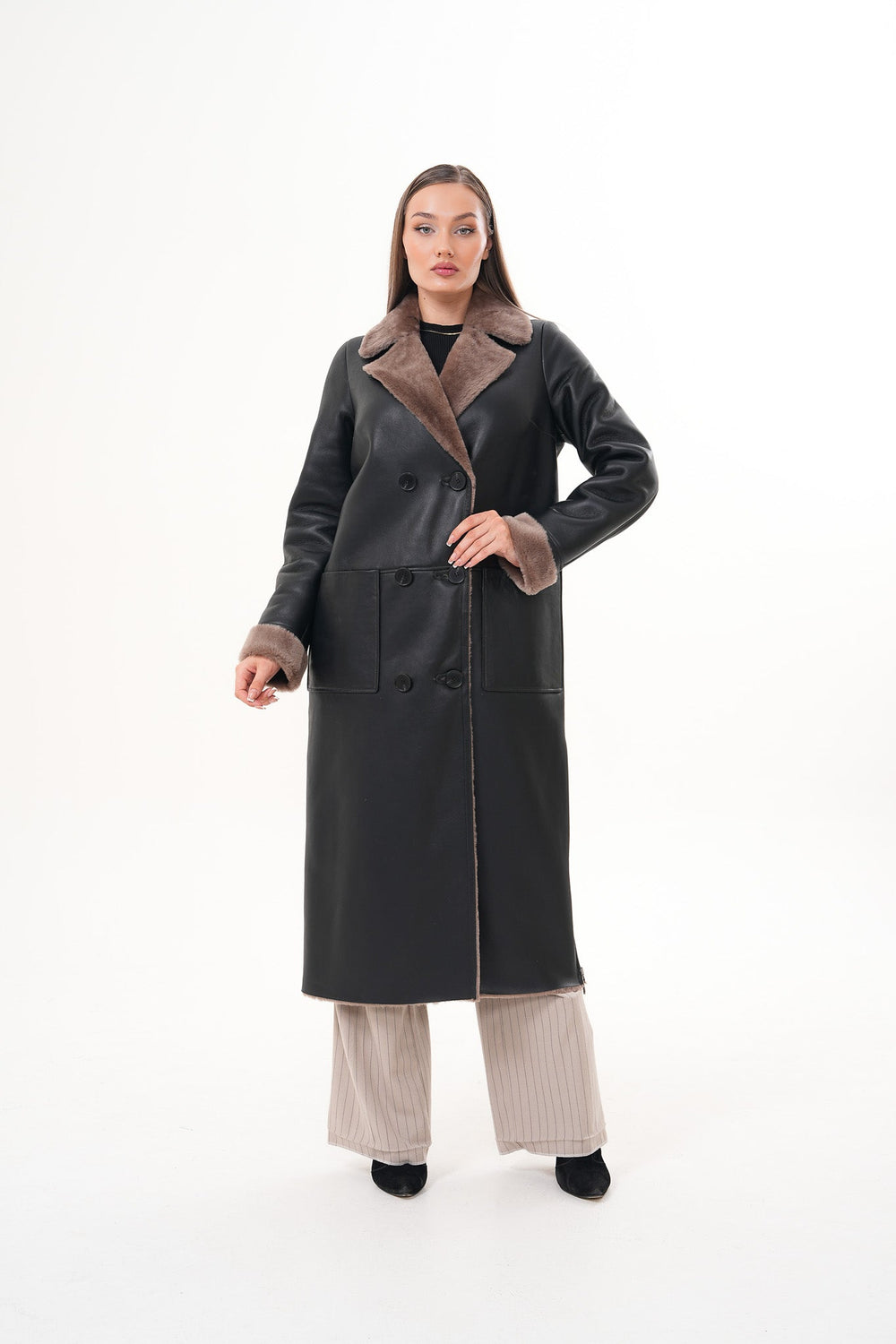 The Florence Long Shearling Black Leather Jacket