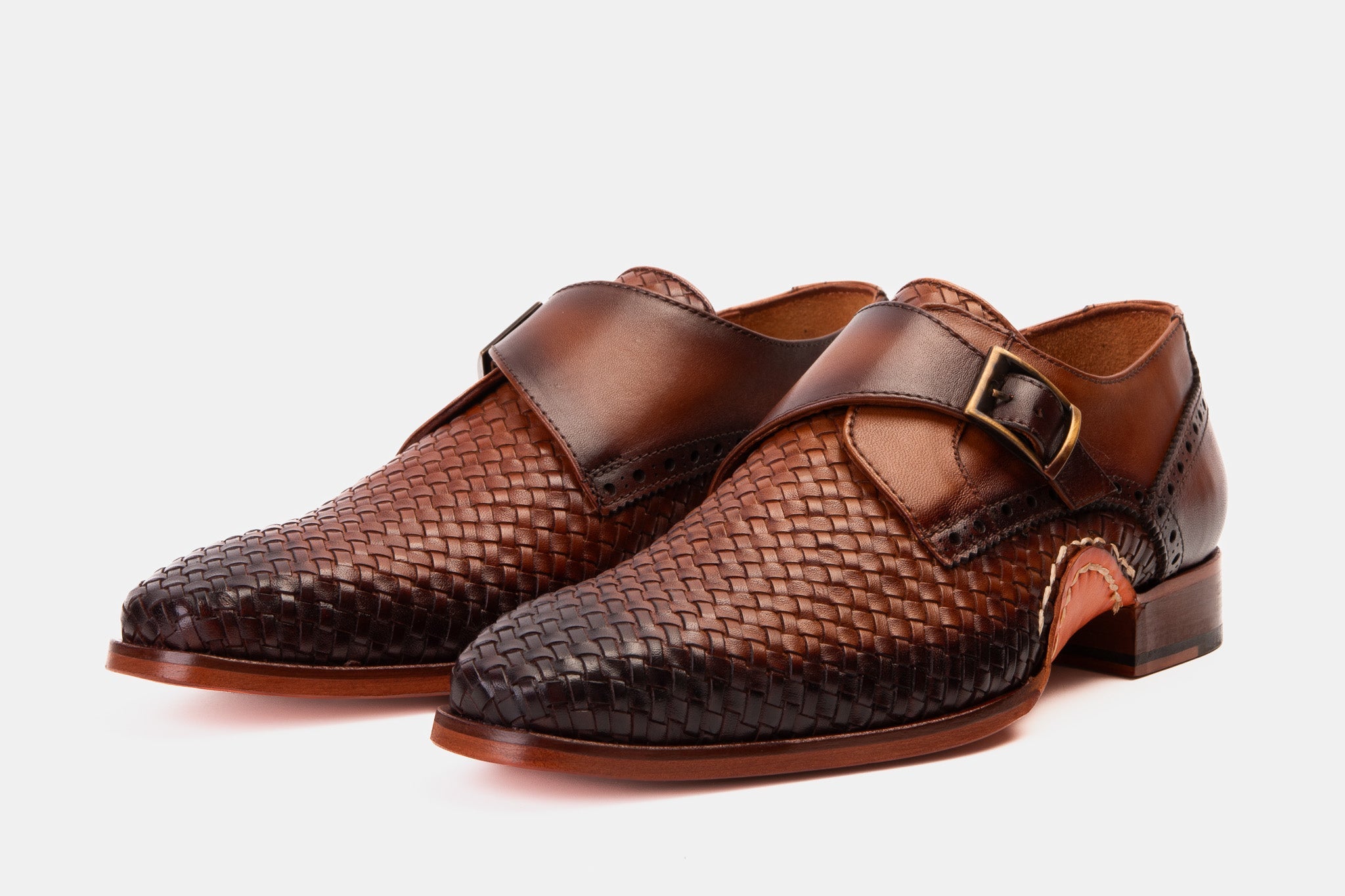The Rolls  Woven Tan Leather Single Monk Strap  Handmade Shoe