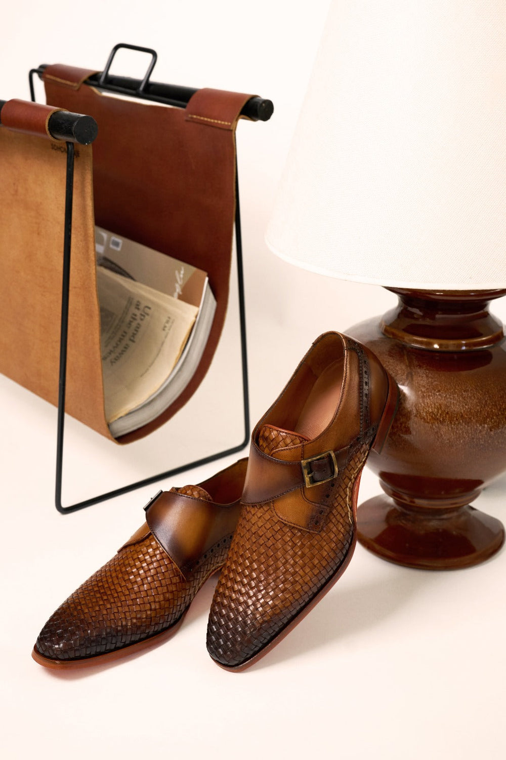The Rolls  Woven Tan Leather Single Monk Strap  Handmade Shoe