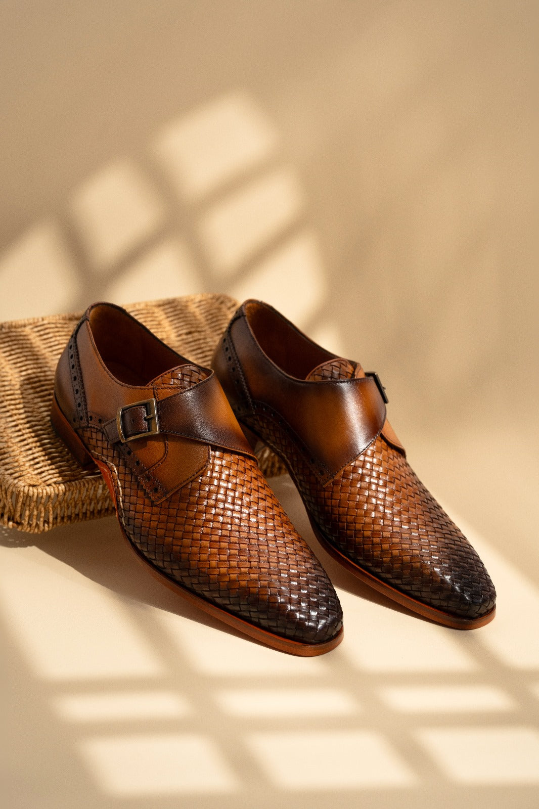 The Rolls  Woven Tan Leather Single Monk Strap  Handmade Shoe