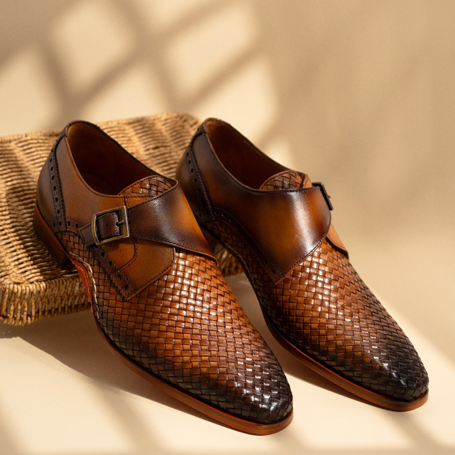 The Rolls  Woven Tan Leather Single Monk Strap  Handmade Shoe