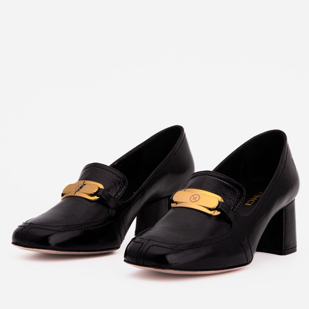 The Victoria Black Leather Block Heel Pump Shoe