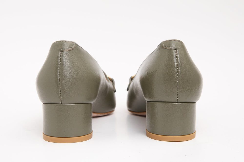 The Delhi Green Leather Block Heel Pump Shoe