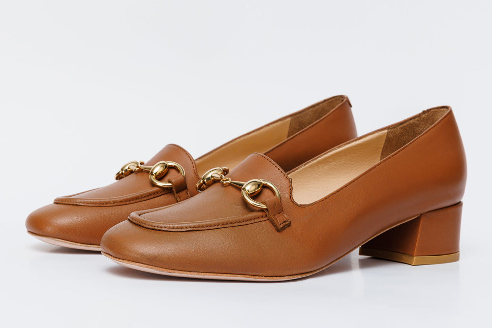 The Delhi Brown Leather Block Heel Pump Shoe