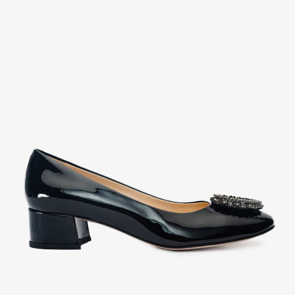 The Foggia Black Leather Block Heel Pump Shoe