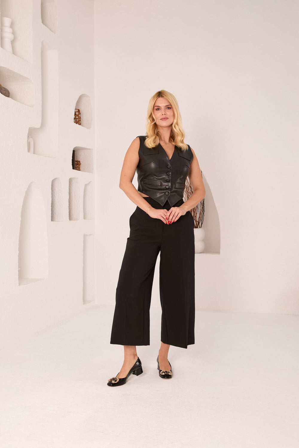 The Foggia Black Leather Block Heel Pump Shoe