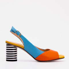 The Spectrum Blue \/ Orange Block Heel Leather Sandal