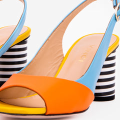 The Spectrum Blue \/ Orange Block Heel Leather Sandal