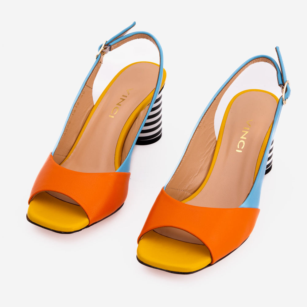 The Spectrum Blue \/ Orange Block Heel Leather Sandal