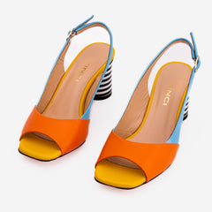 The Spectrum Blue \/ Orange Block Heel Leather Sandal