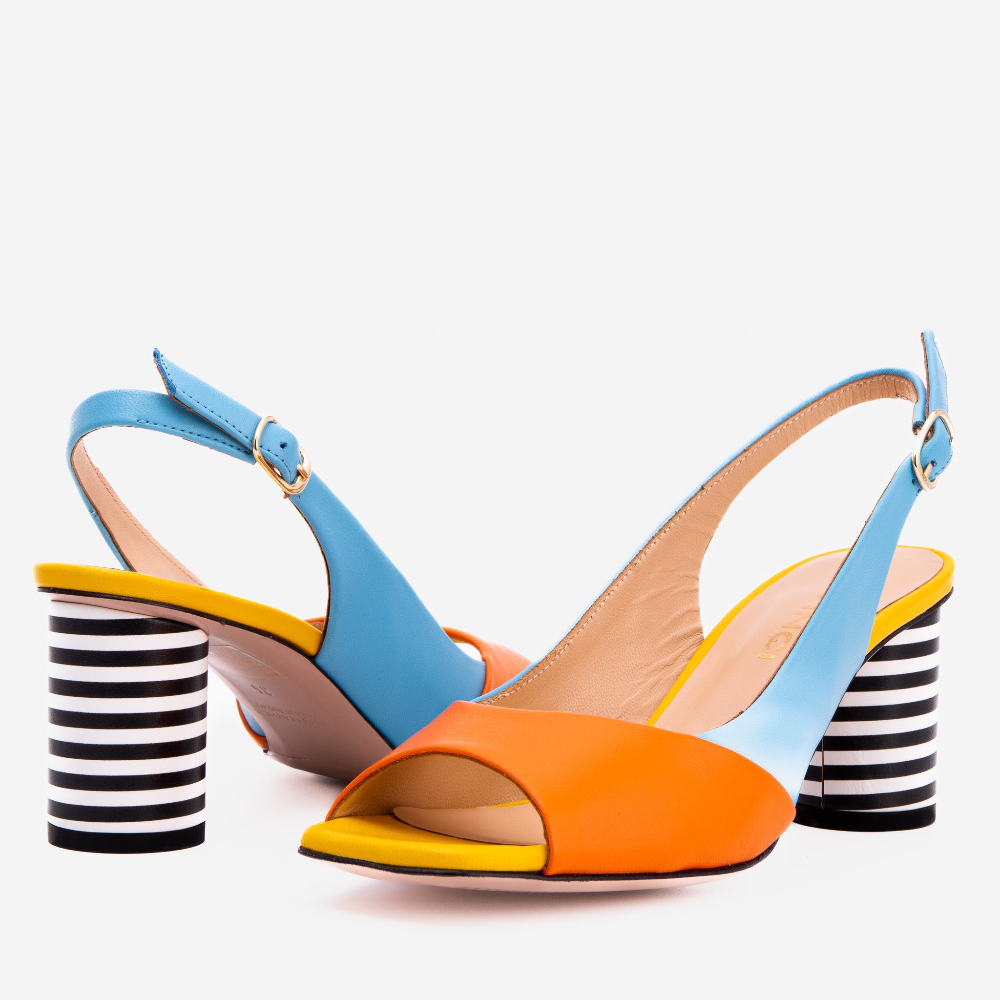 The Spectrum Blue \/ Orange Block Heel Leather Sandal