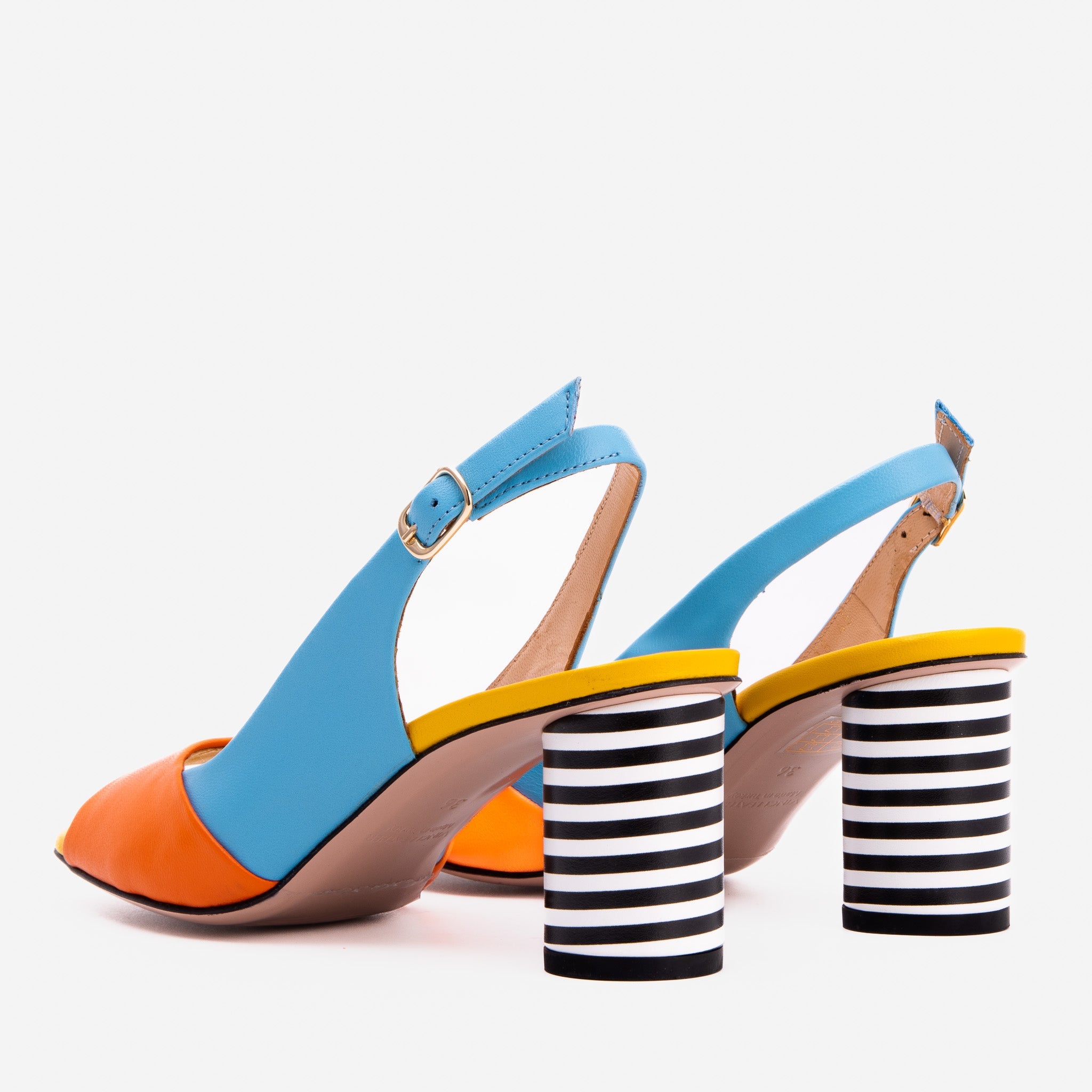 The Spectrum Blue \/ Orange Block Heel Leather Sandal