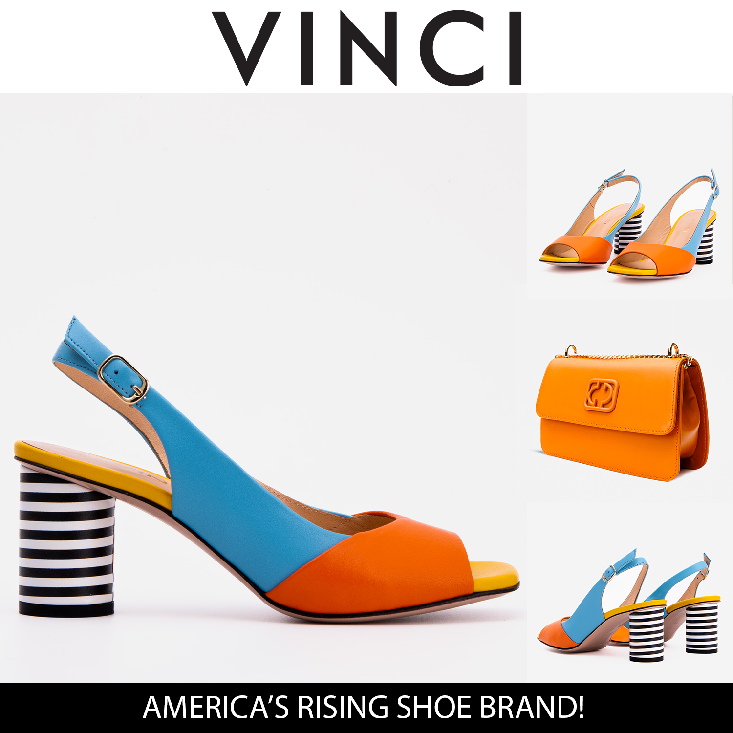 The Spectrum Blue \/ Orange Block Heel Leather Sandal