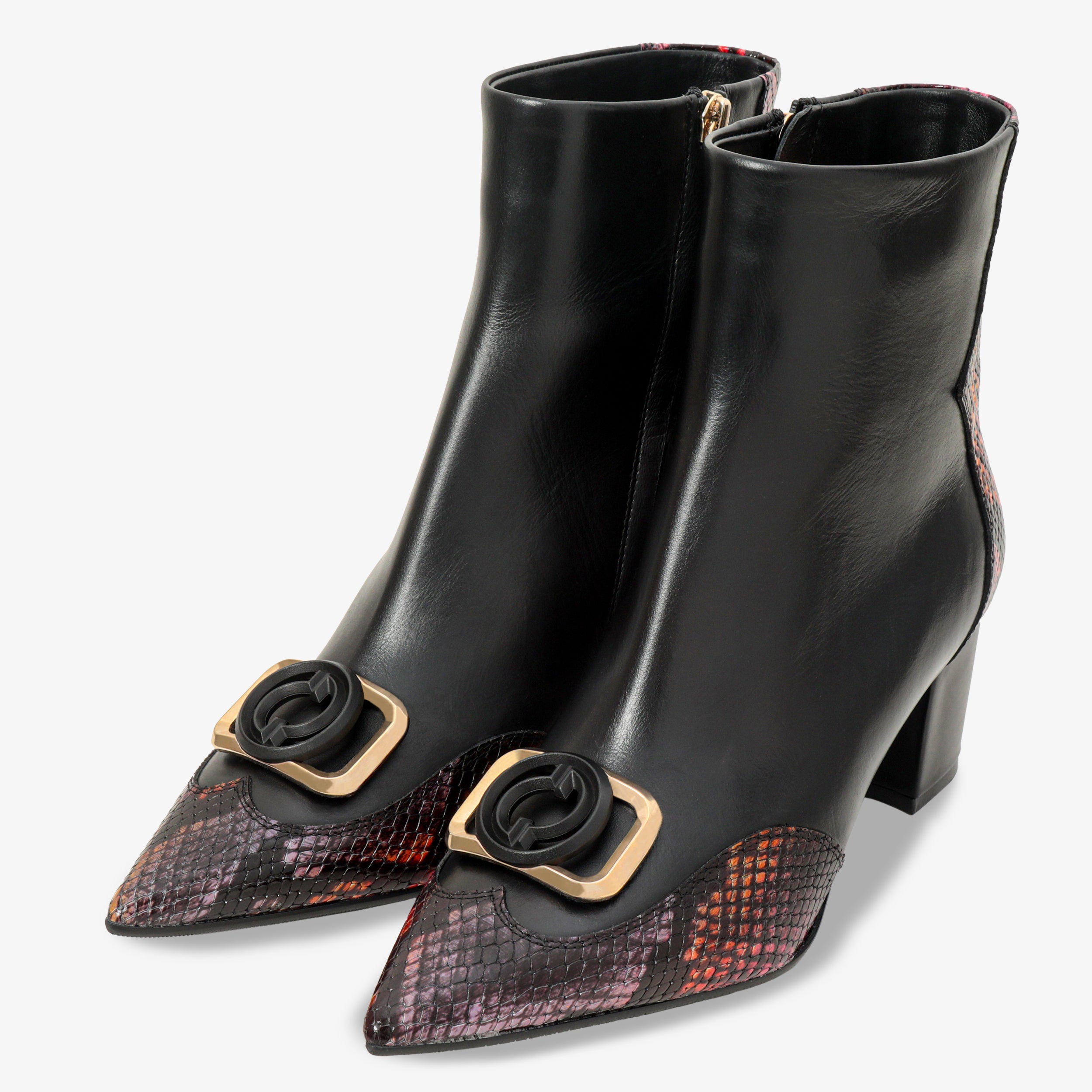 Gray Black Fuchsia Leather Block Heel Boot