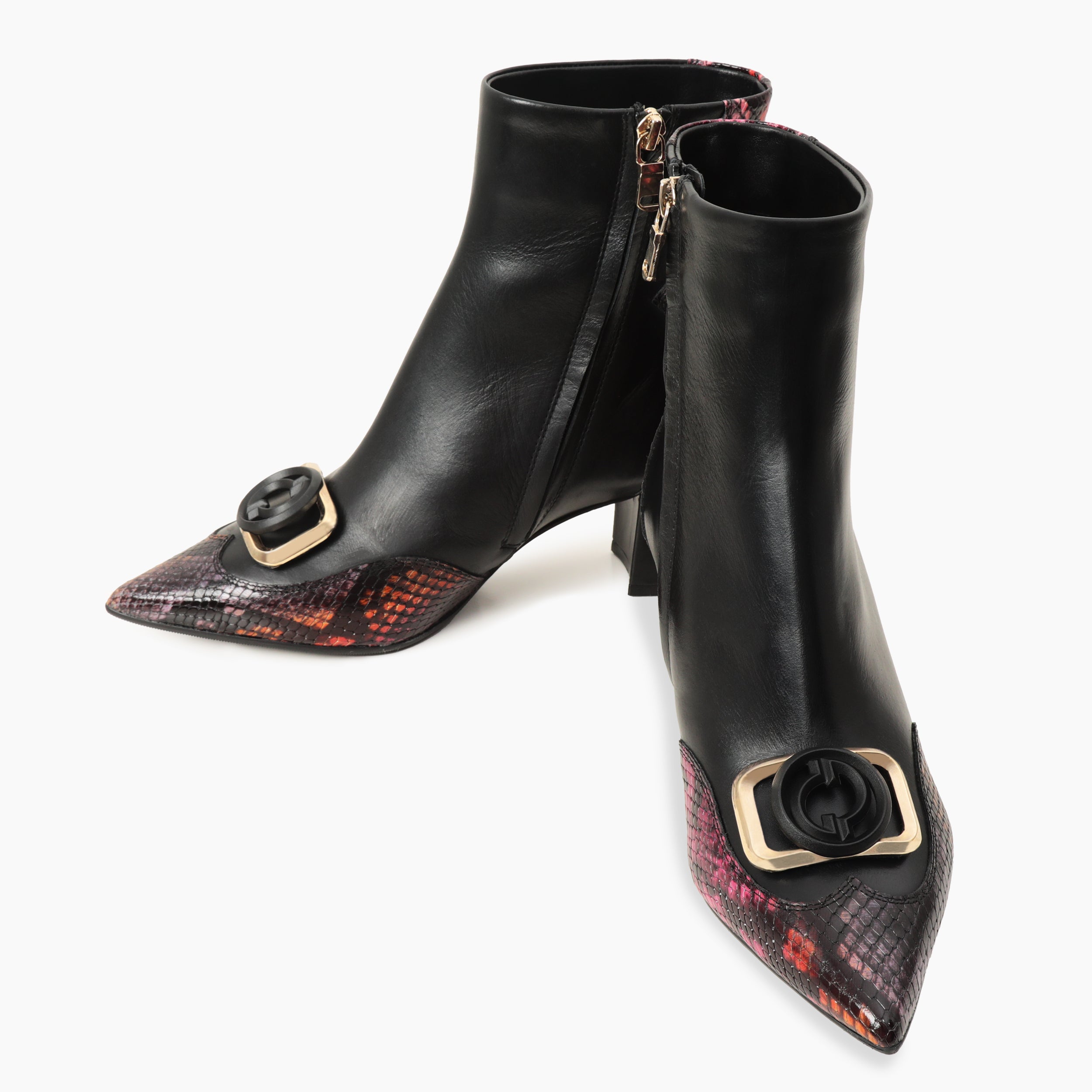 Gray Black Fuchsia Leather Block Heel Boot