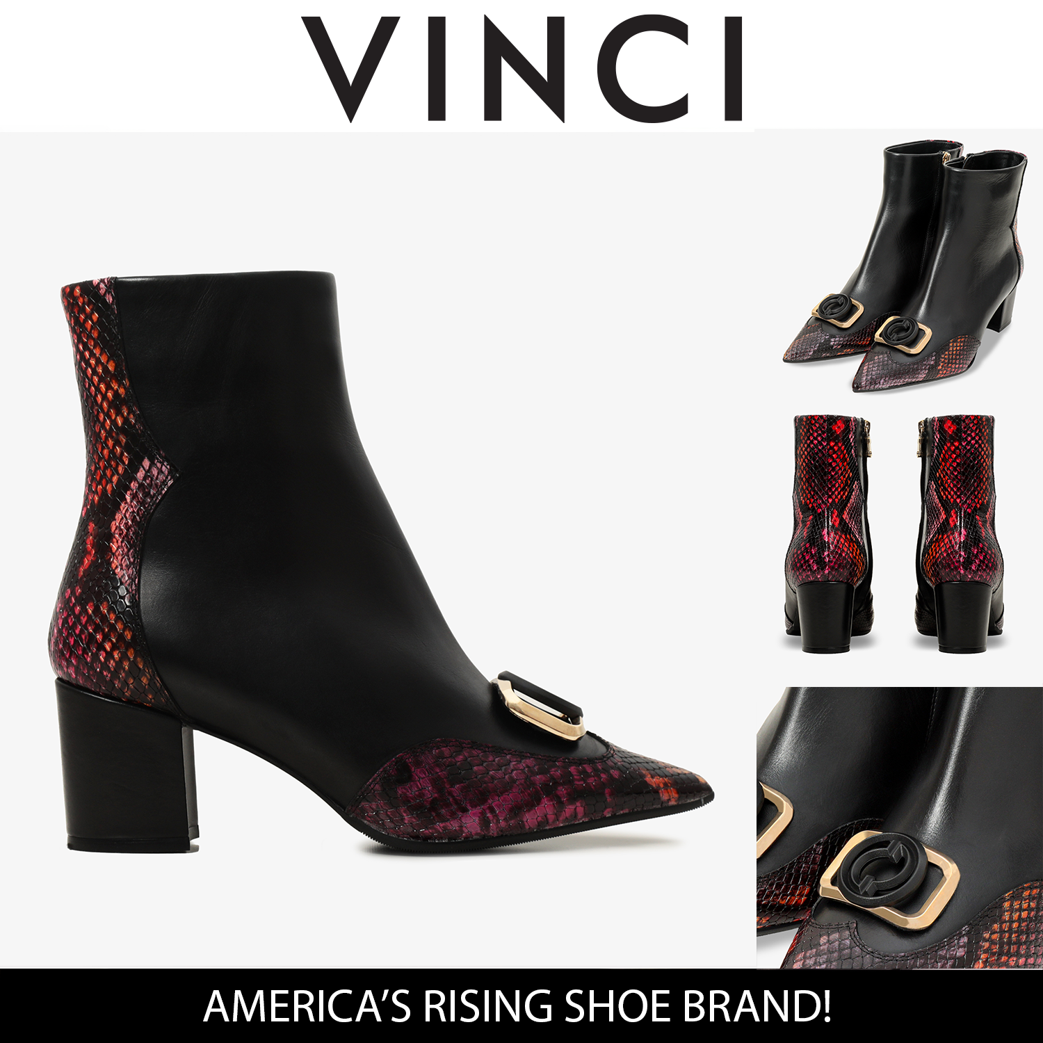 Gray Black Fuchsia Leather Block Heel Boot