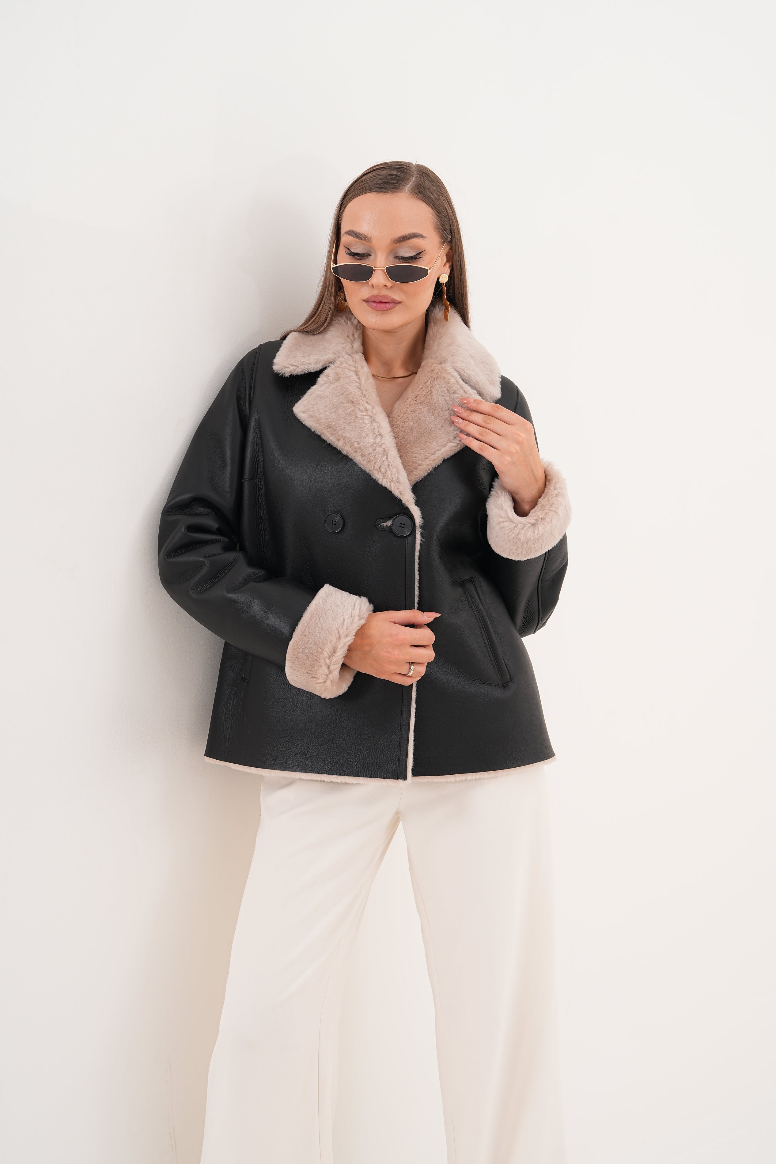 The Zurich Double-Breasted Cream Shearling Collar Leather Jacket