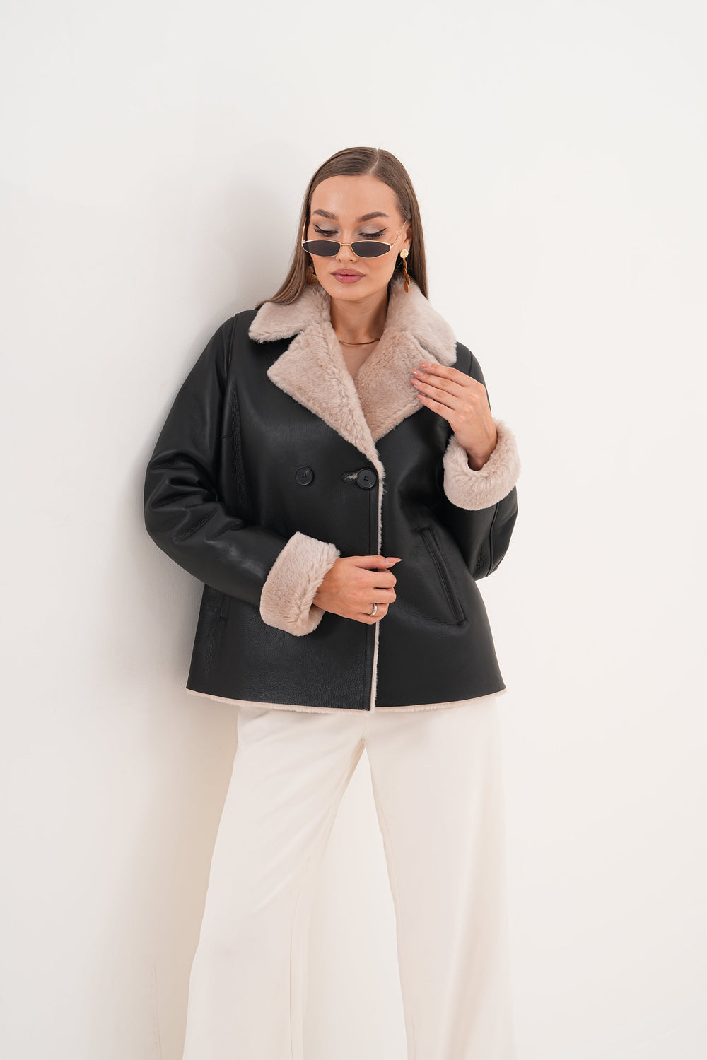 The Zurich Double-Breasted Cream Shearling Collar Leather Jacket