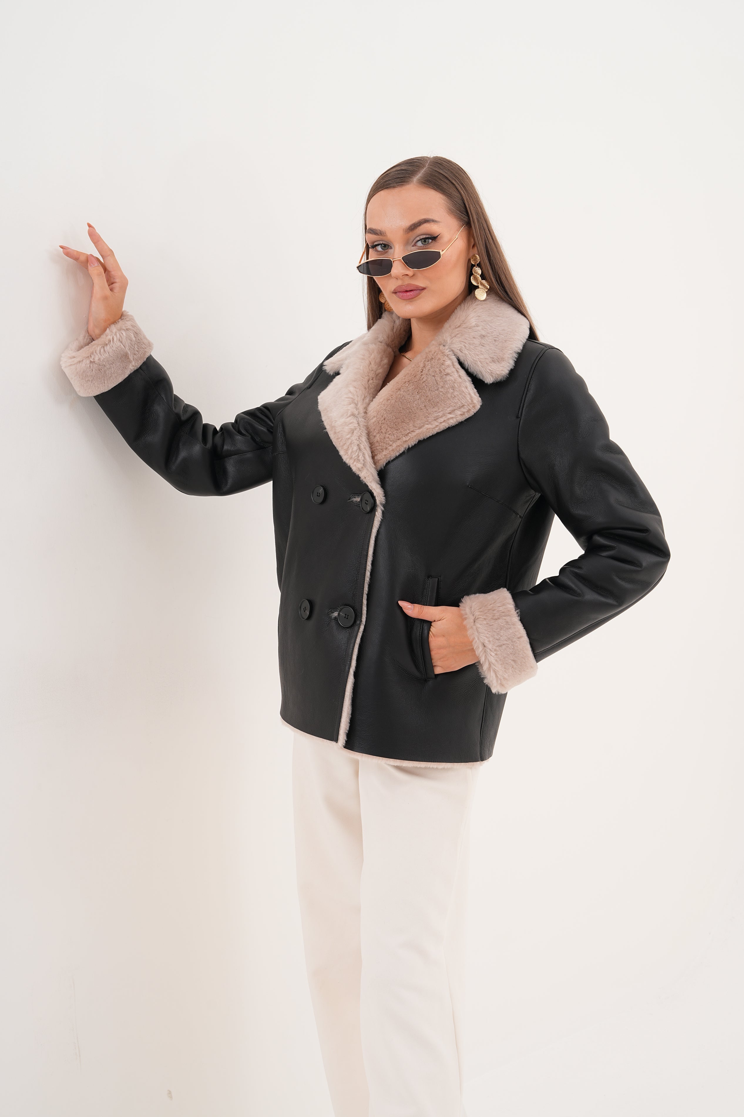 The Zurich Double-Breasted Cream Shearling Collar Leather Jacket
