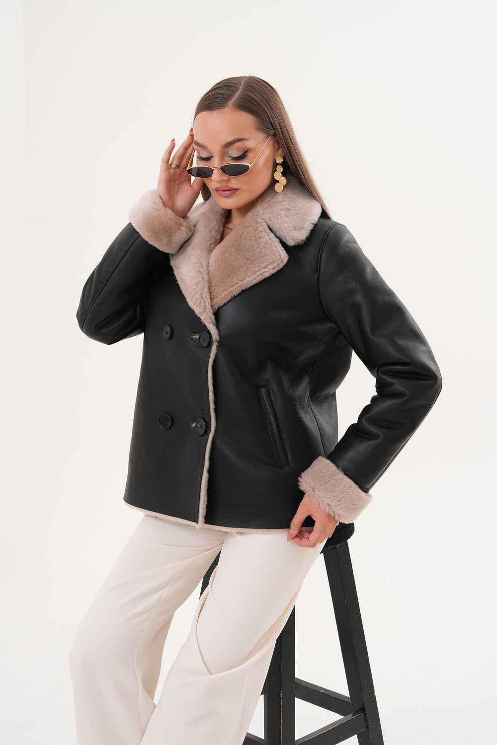 The Zurich Double-Breasted Cream Shearling Collar Leather Jacket