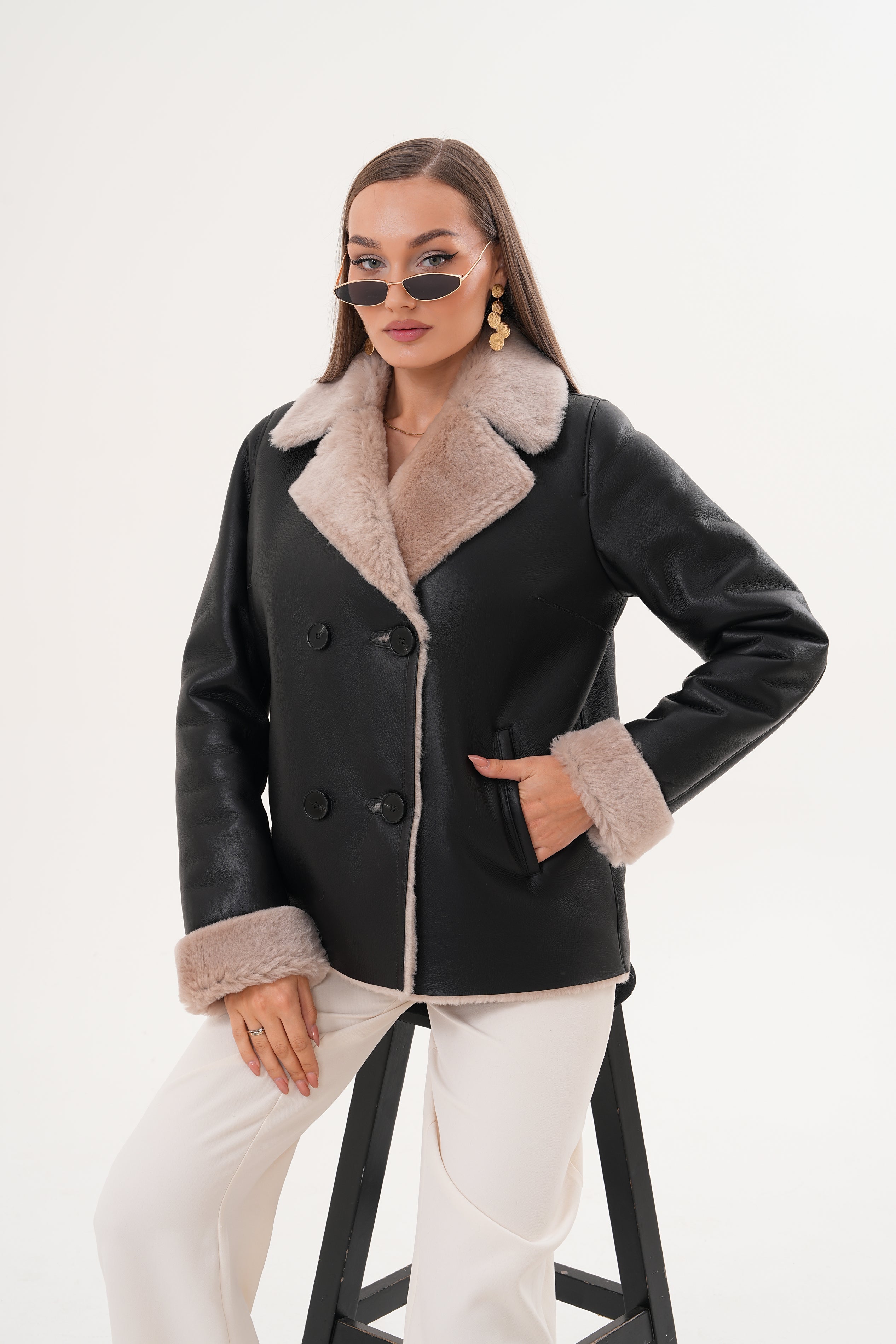 The Zurich Double-Breasted Cream Shearling Collar Leather Jacket