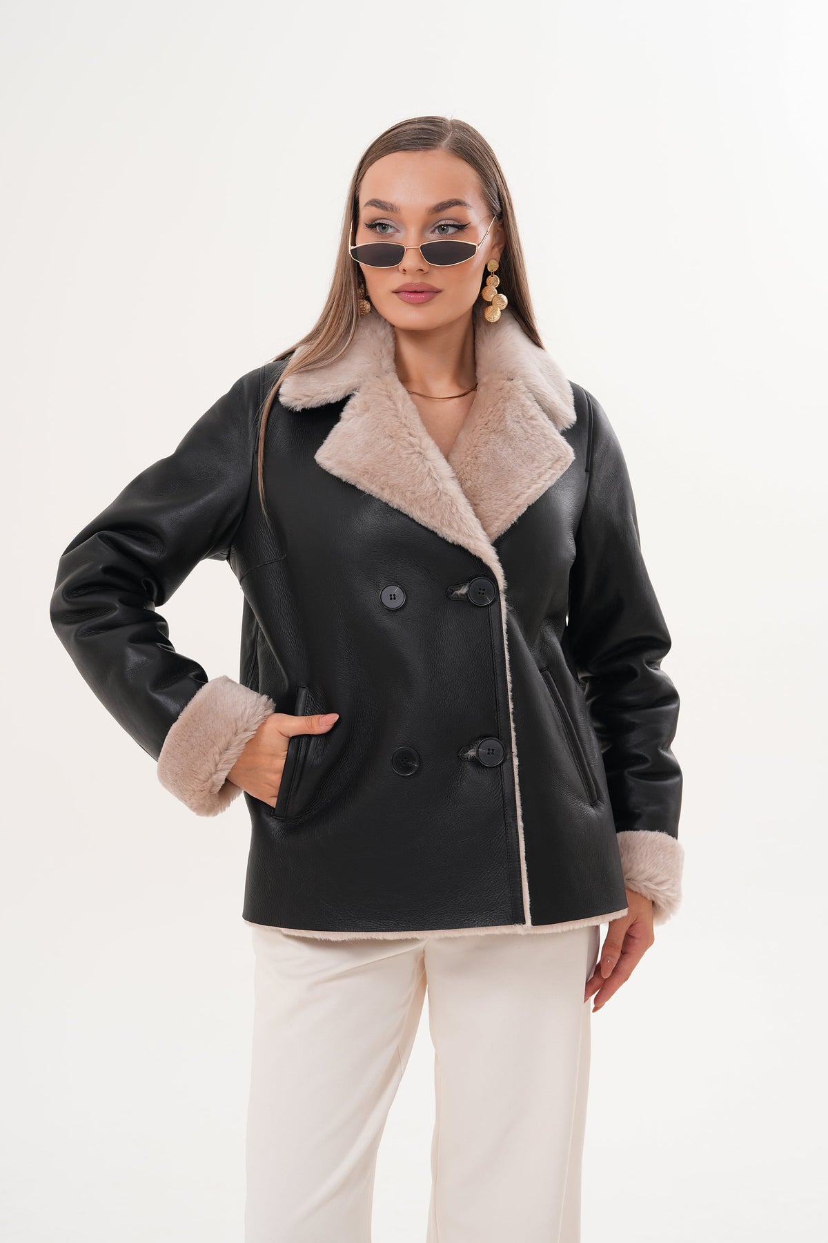 The Zurich Double-Breasted Cream Shearling Collar Leather Jacket