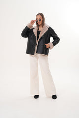 The Zurich Double-Breasted Cream Shearling Collar Leather Jacket